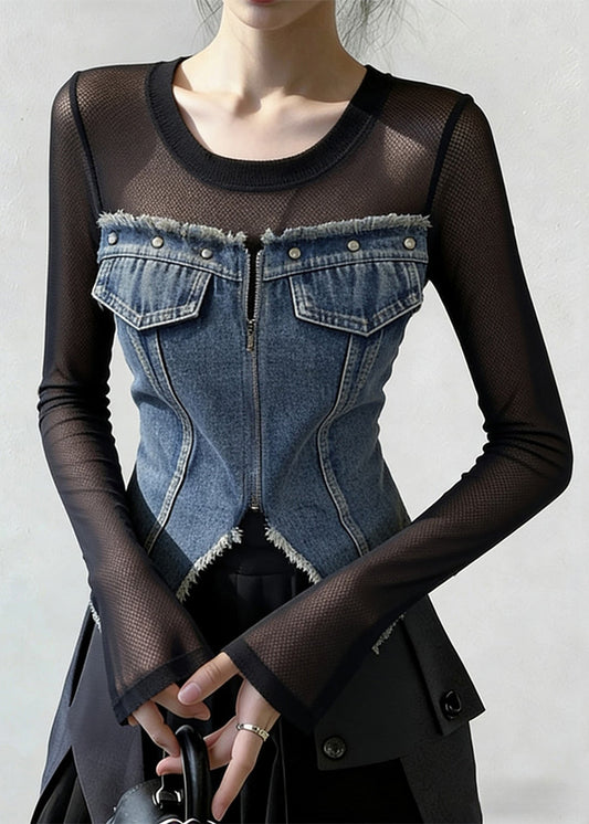 French Blue Zippered Front Open Tulle Patchwork Denim T Shirt Spring