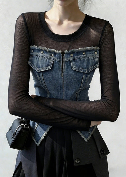French Blue Zippered Front Open Tulle Patchwork Denim T Shirt Spring