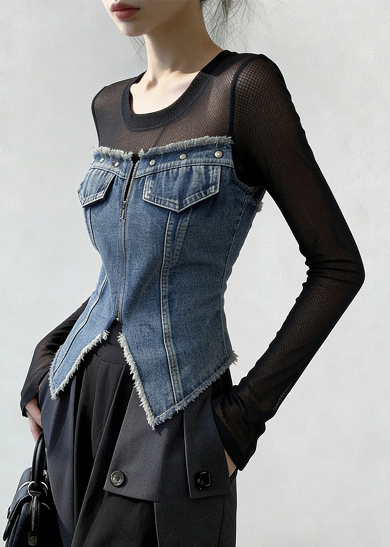 French Blue Zippered Front Open Tulle Patchwork Denim T Shirt Spring