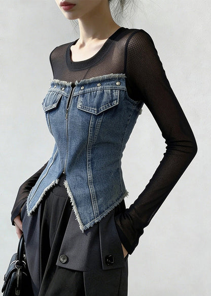 French Blue Zippered Front Open Tulle Patchwork Denim T Shirt Spring