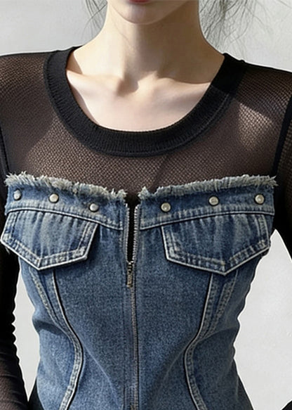 French Blue Zippered Front Open Tulle Patchwork Denim T Shirt Spring