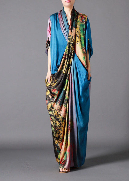 Französisch Blau asymmetrisches Design Print Herbst Halbarm Lange Kleider