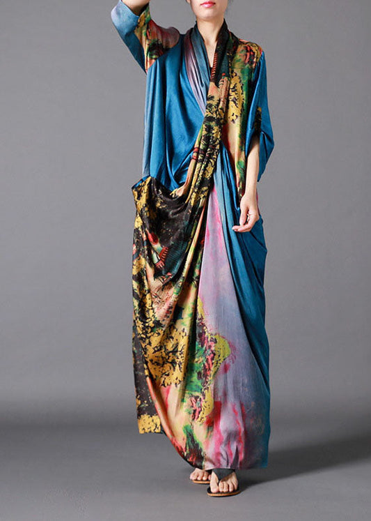 Französisch Blau asymmetrisches Design Print Herbst Halbarm Lange Kleider