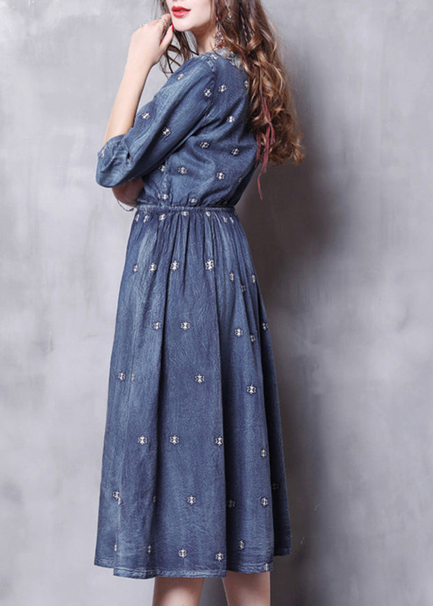 Französisch Blau elastische taille V-ausschnitt Bestickt Baumwolle Kleider Halbe Ärmel