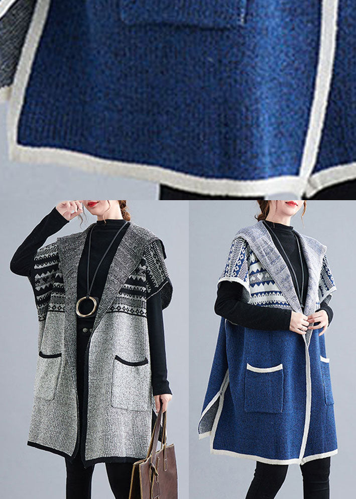 Französisch Blau kapuze Casual Seite offen Kurzarm Herbst Strick pullover Mantel