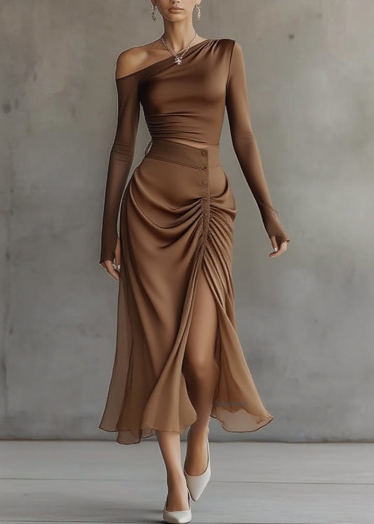 French Brown Asymmetrical Top And Maxi Skirts Two Pieces Set Spring