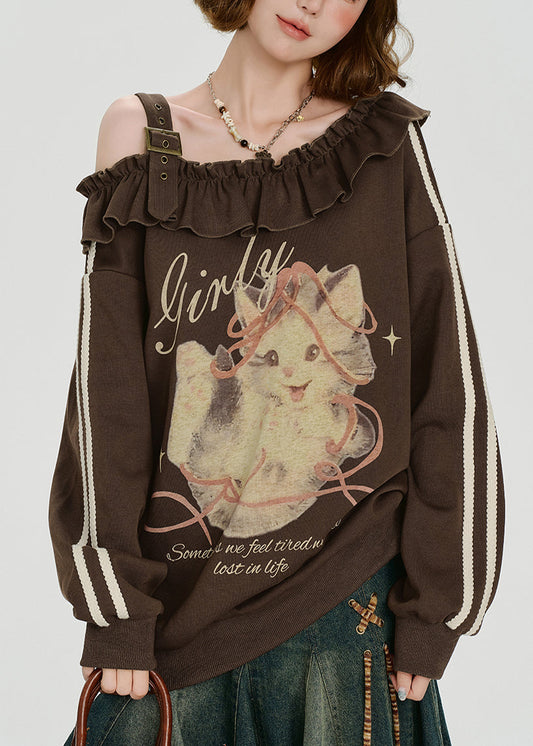 Französischbraunes, schulterfreies, gerüschtes Baumwolltop mit Print, Frühlings-Frühling