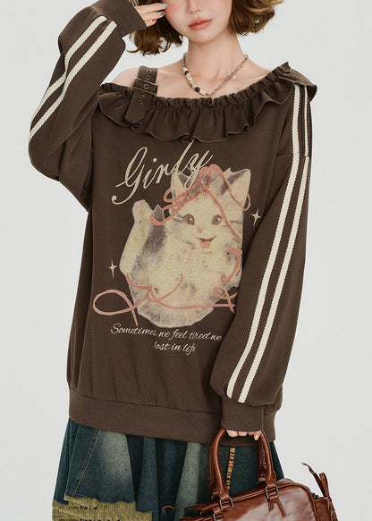 Französischbraunes, schulterfreies, gerüschtes Baumwolltop mit Print, Frühlings-Frühling