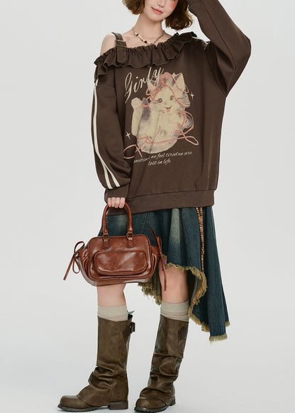 Französischbraunes, schulterfreies, gerüschtes Baumwolltop mit Print, Frühlings-Frühling