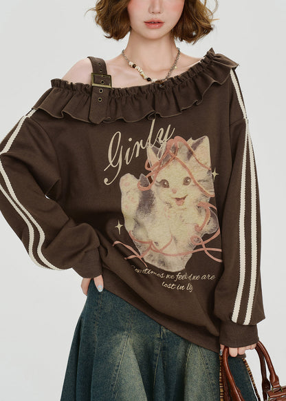 Französischbraunes, schulterfreies, gerüschtes Baumwolltop mit Print, Frühlings-Frühling