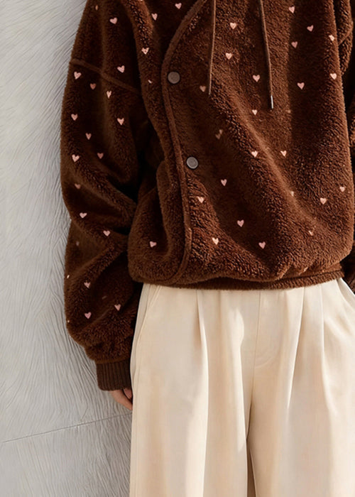 French Brown Hooded Loving Heart Fluffy Sweatshirt Winter