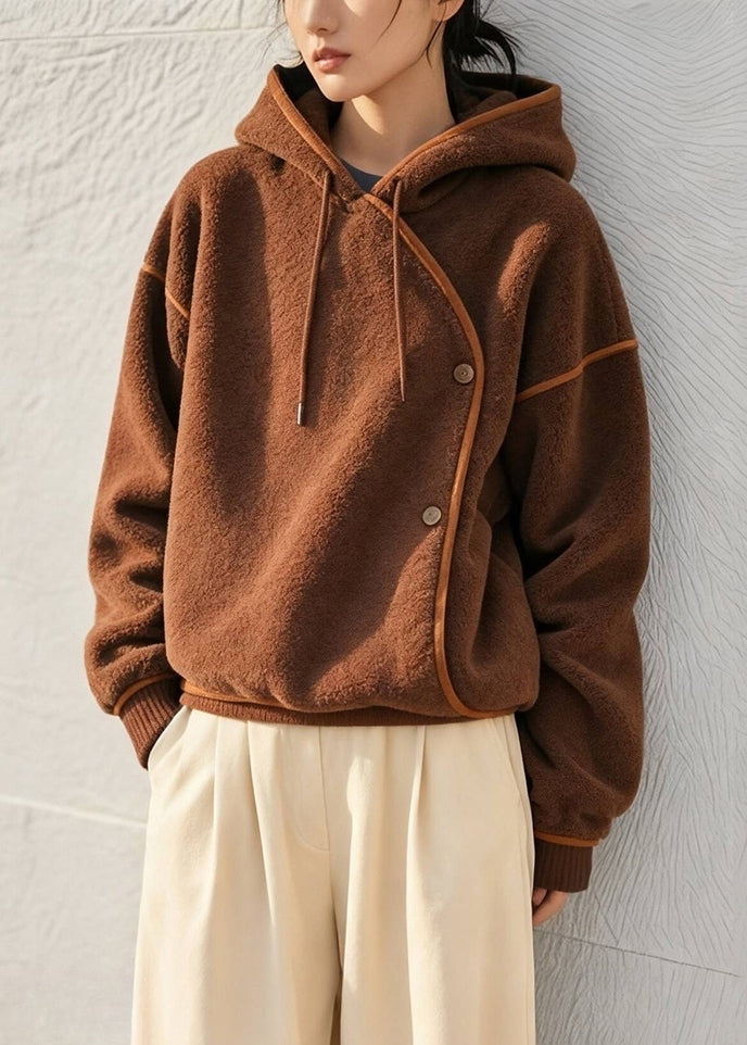 French Brown Hooded Patchwork Woolen Teddy Sweatshirt Winter