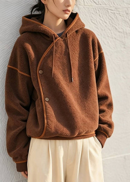 French Brown Hooded Patchwork Woolen Teddy Sweatshirt Winter