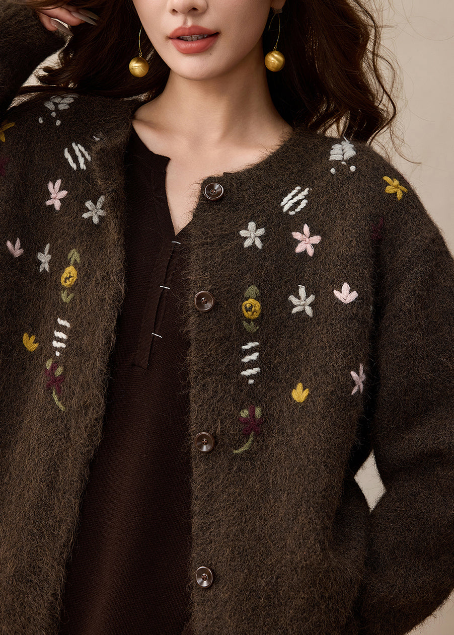 French Brown O Neck Embroidered Button Woolen Cardigans Winter