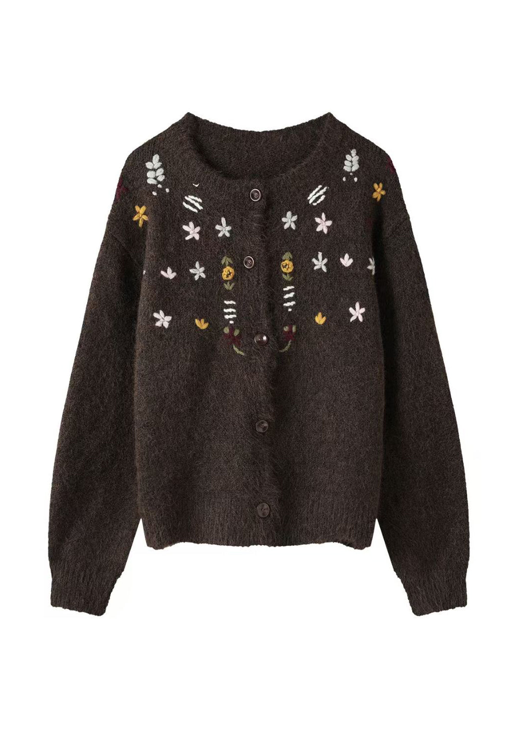 French Brown O Neck Embroidered Button Woolen Cardigans Winter