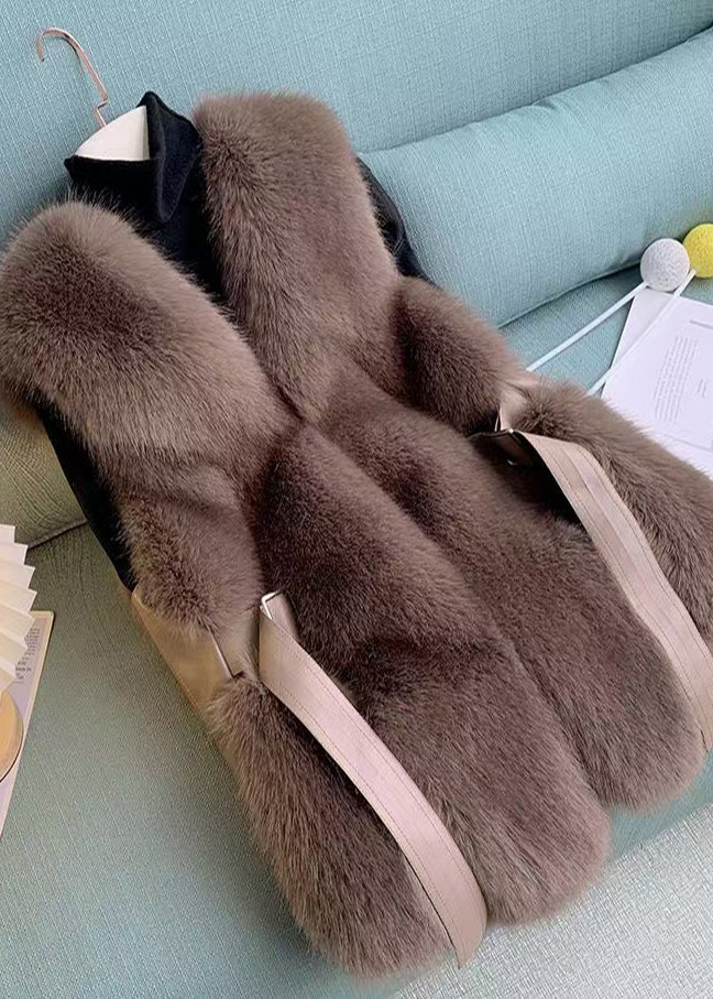 Chalecos de piel sintética de zorro con patchwork extragrande de color marrón francés para invierno