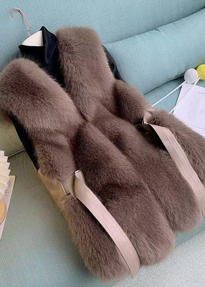 Chalecos de piel sintética de zorro con patchwork extragrande de color marrón francés para invierno