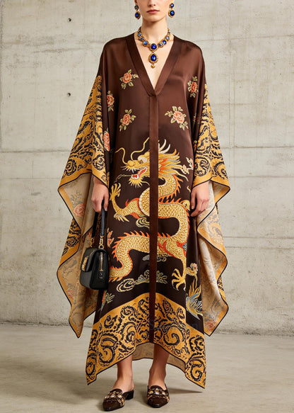 French Brown Oversized Print Ankle Dress Batwing Sleeve