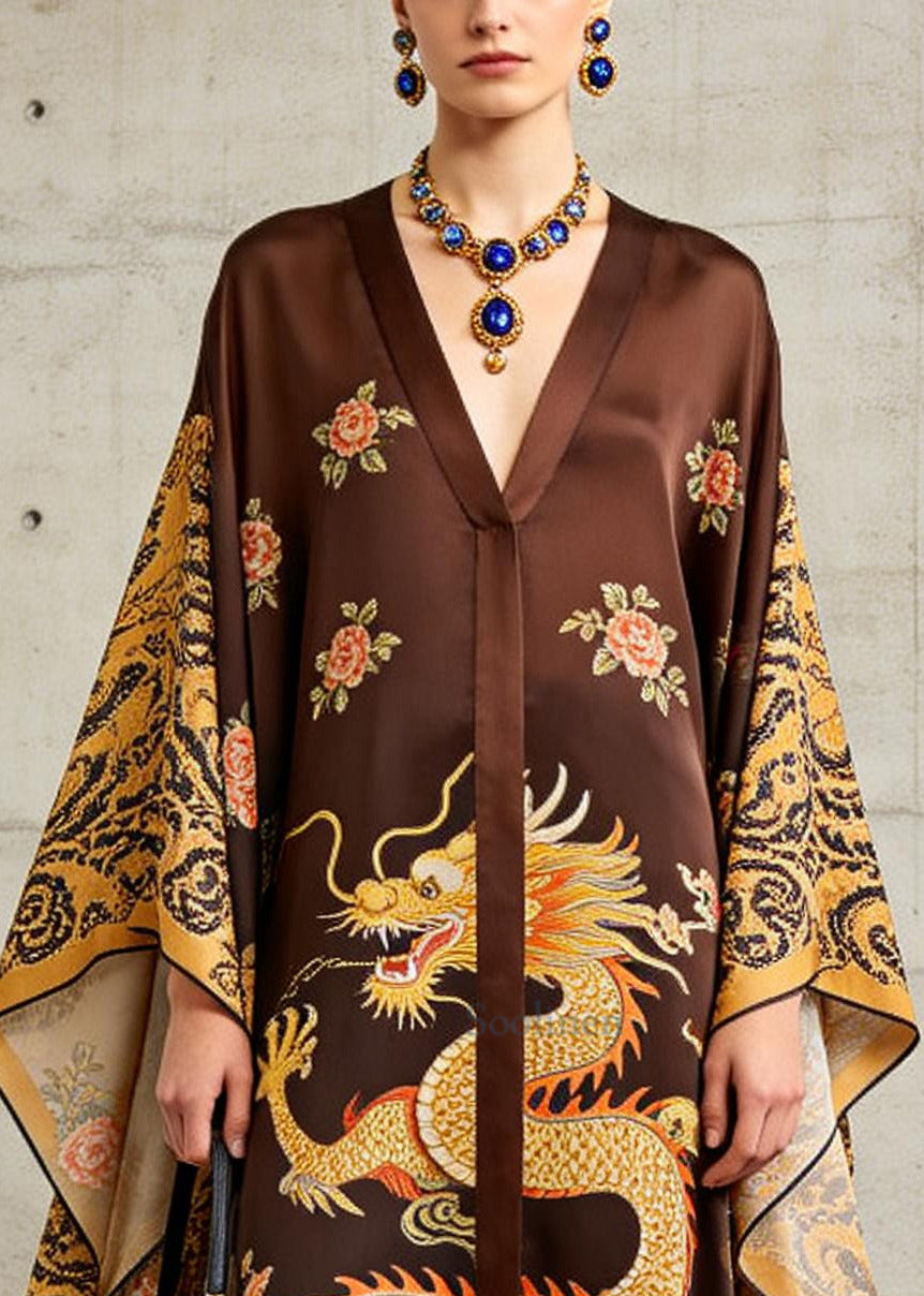 French Brown Oversized Print Ankle Dress Batwing Sleeve