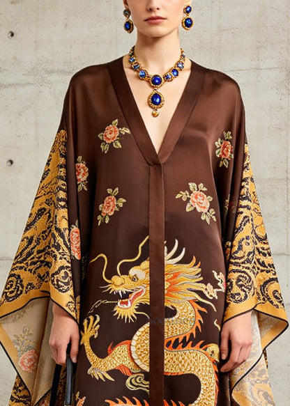 French Brown Oversized Print Ankle Dress Batwing Sleeve