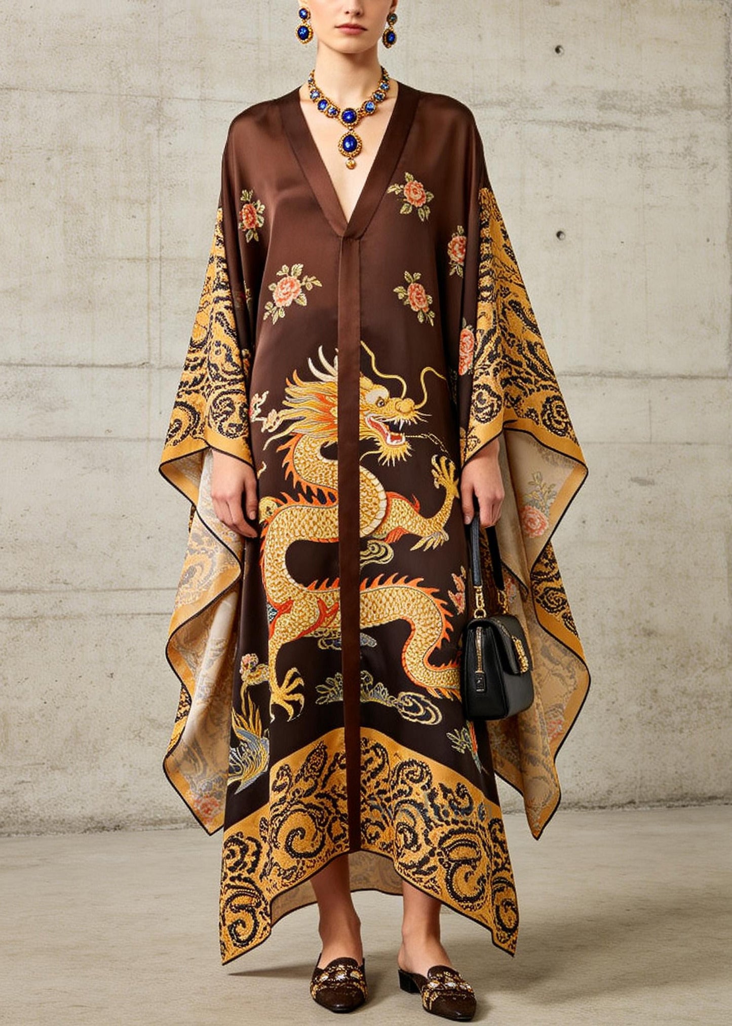 French Brown Oversized Print Ankle Dress Batwing Sleeve