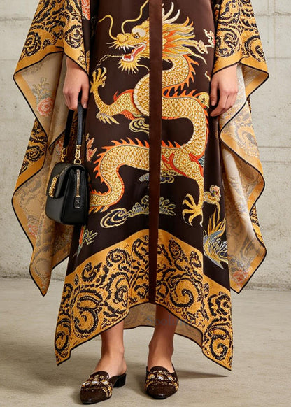French Brown Oversized Print Ankle Dress Batwing Sleeve