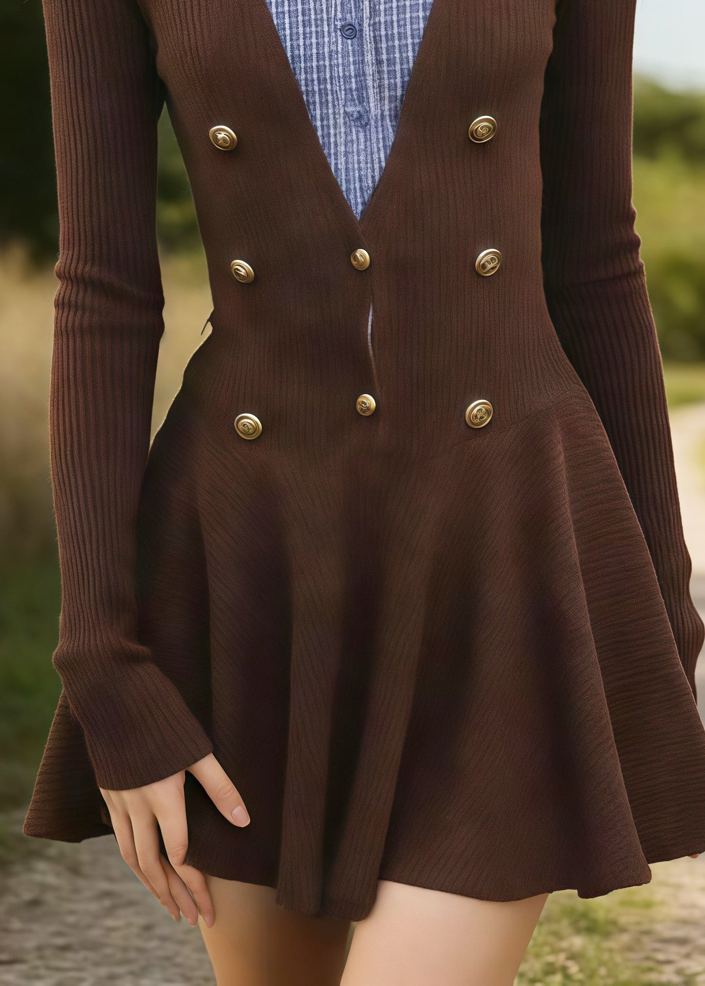 French Brown Peter Pan Collar Patchwork Knit Fake Two Piece Shirt Dresses Spring