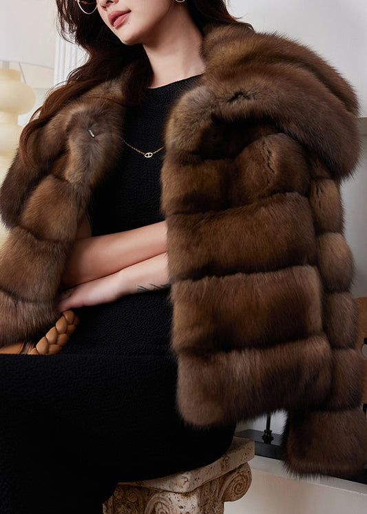 French Brown Peter Pan Collar Striped Mink Hair Coats Winter