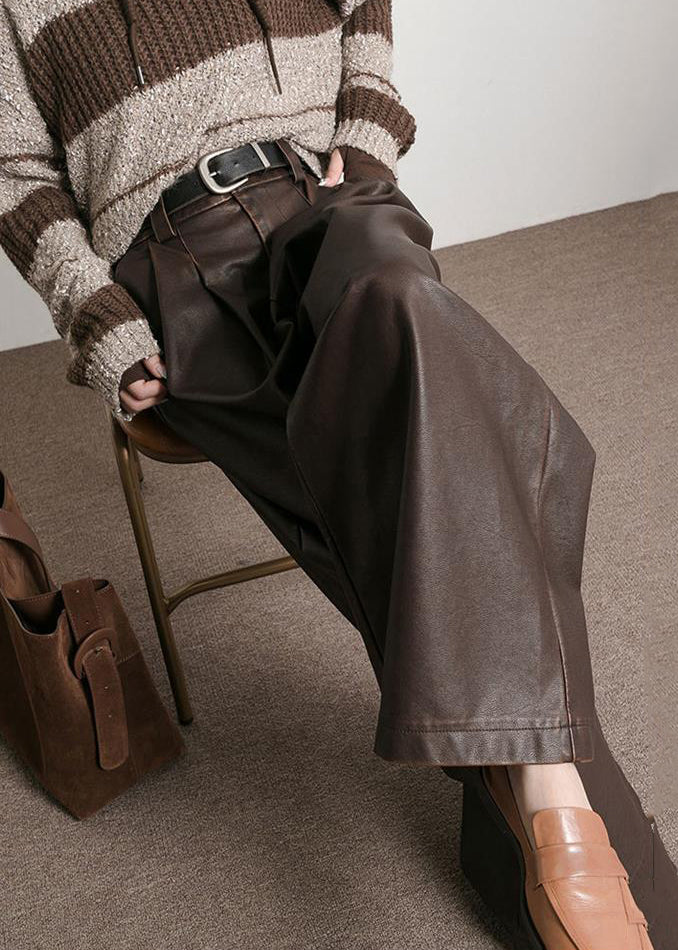 Französische braune Taschen High Waist Kunstlederhose Herbst