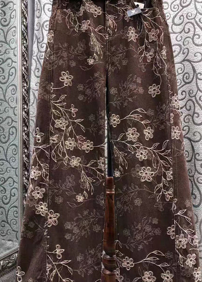 Französische braune Jeans mit Print und weitem Bein, Frühling