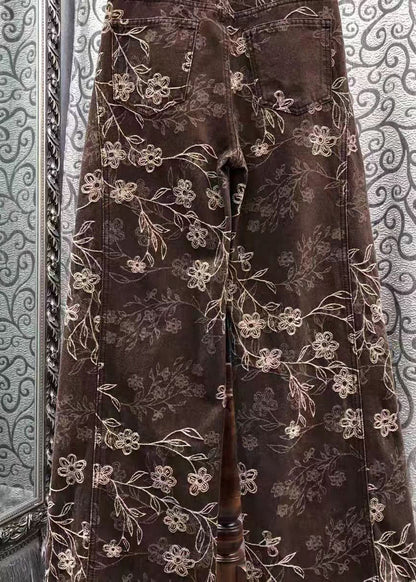 Französische braune Jeans mit Print und weitem Bein, Frühling
