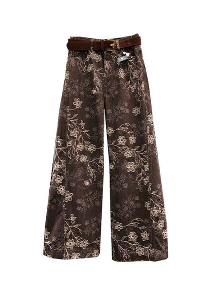 Französische braune Jeans mit Print und weitem Bein, Frühling