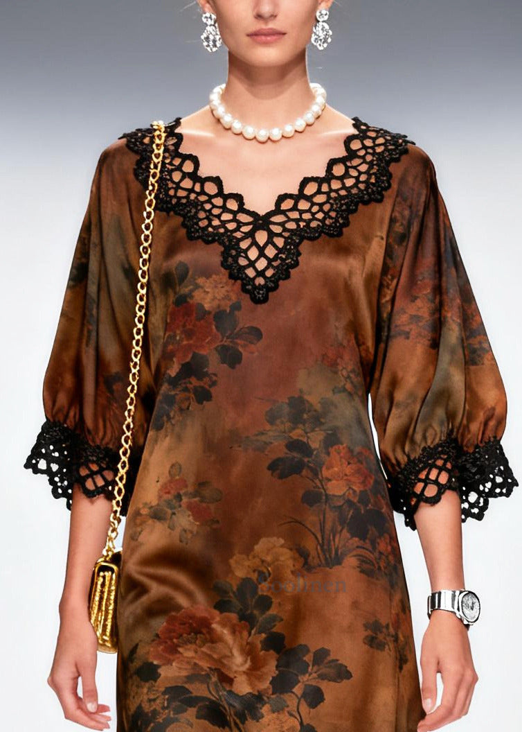 French Brown Print Patchwork Lace Silk Maxi Dresses Summer