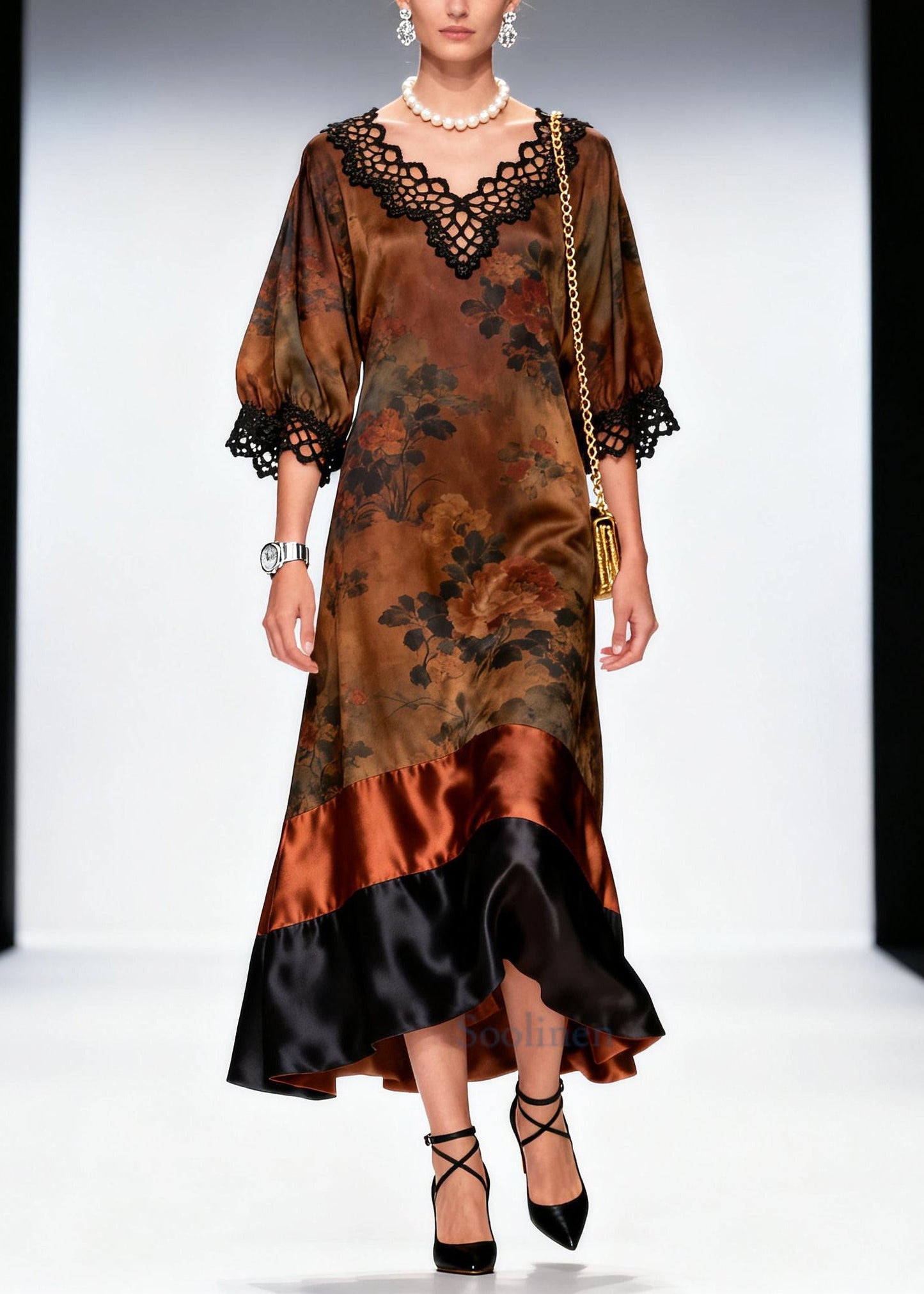 French Brown Print Patchwork Lace Silk Maxi Dresses Summer