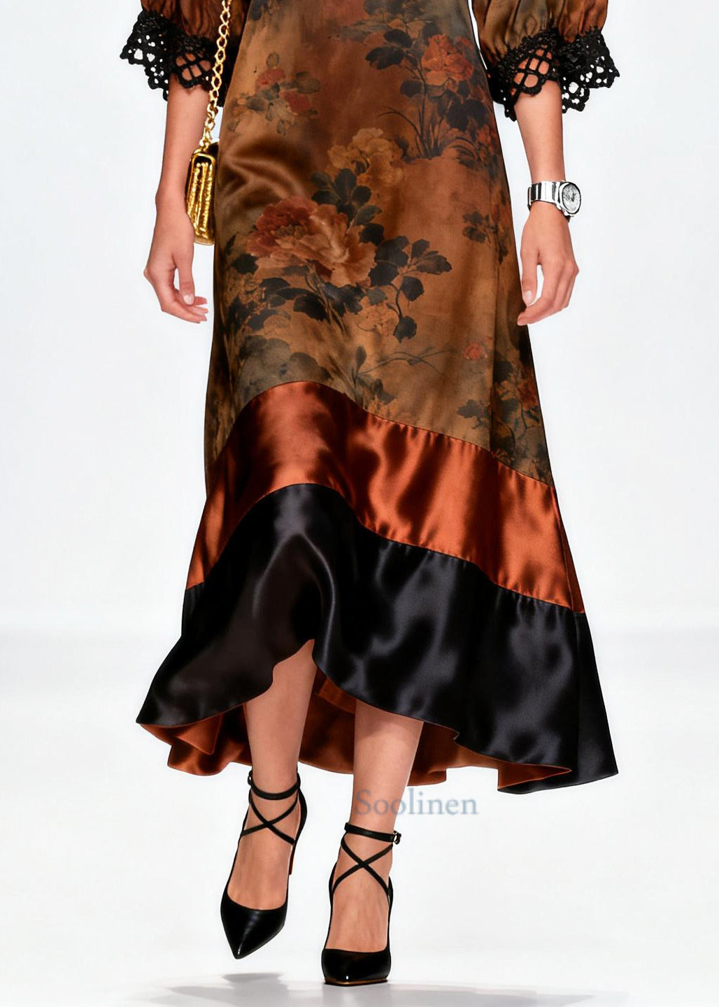 French Brown Print Patchwork Lace Silk Maxi Dresses Summer