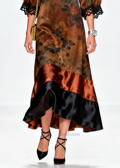 French Brown Print Patchwork Lace Silk Maxi Dresses Summer