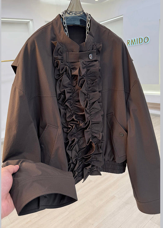 French Brown Ruffled Pockets Cotton Jackets Spring