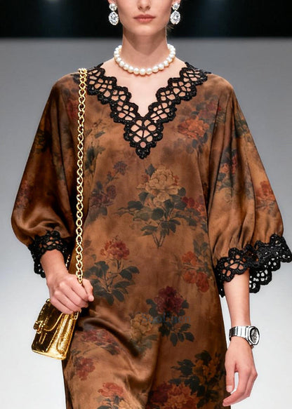 French Brown V Neck Patchwork Print Silk Robe Dresses Summer
