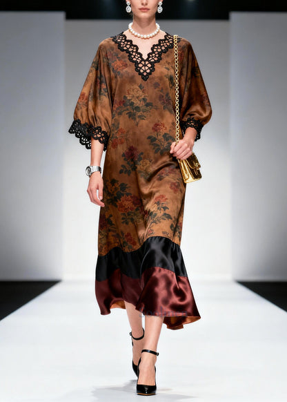French Brown V Neck Patchwork Print Silk Robe Dresses Summer