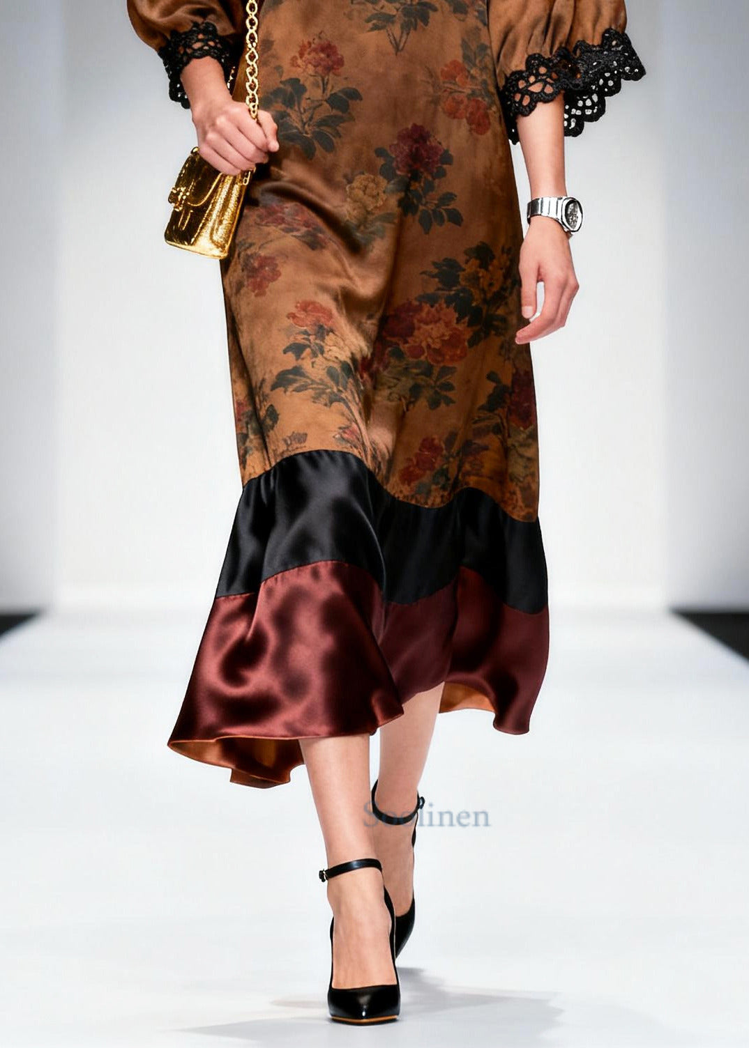 French Brown V Neck Patchwork Print Silk Robe Dresses Summer