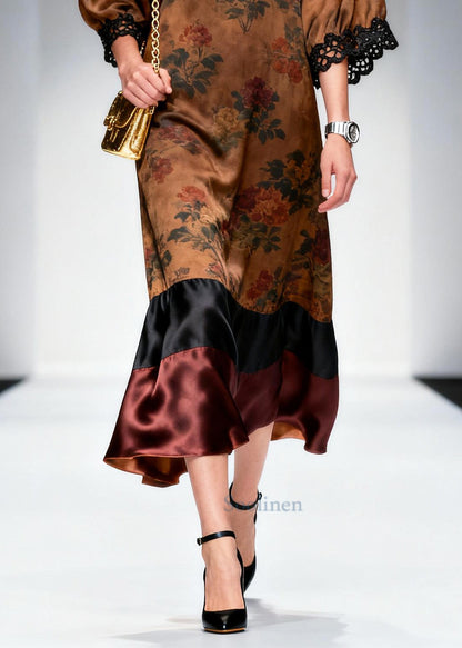 French Brown V Neck Patchwork Print Silk Robe Dresses Summer