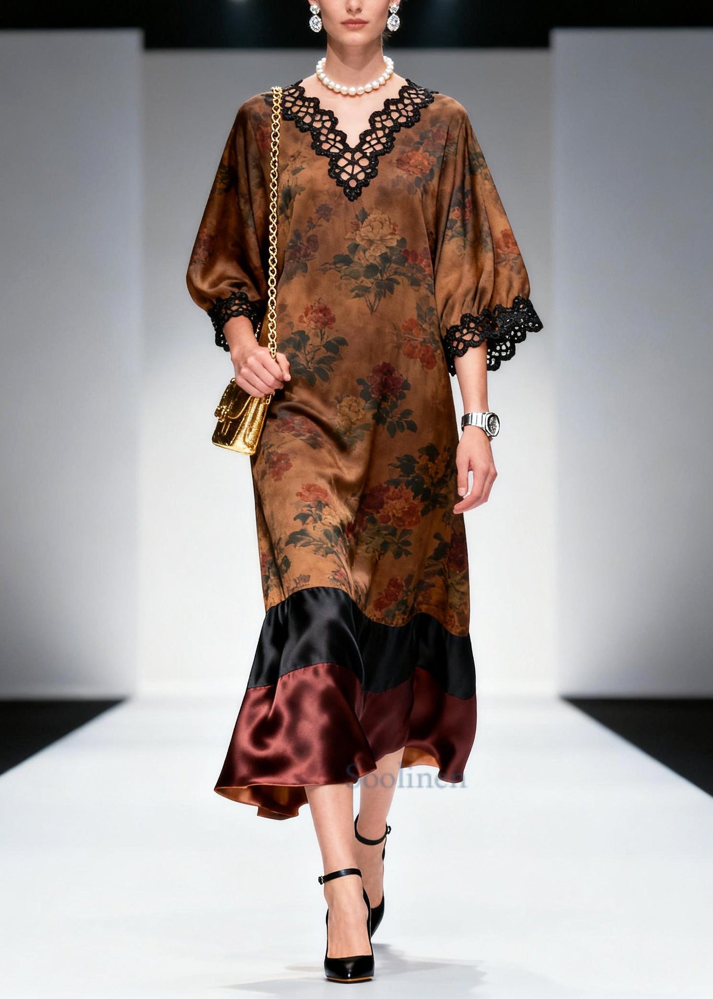 French Brown V Neck Patchwork Print Silk Robe Dresses Summer