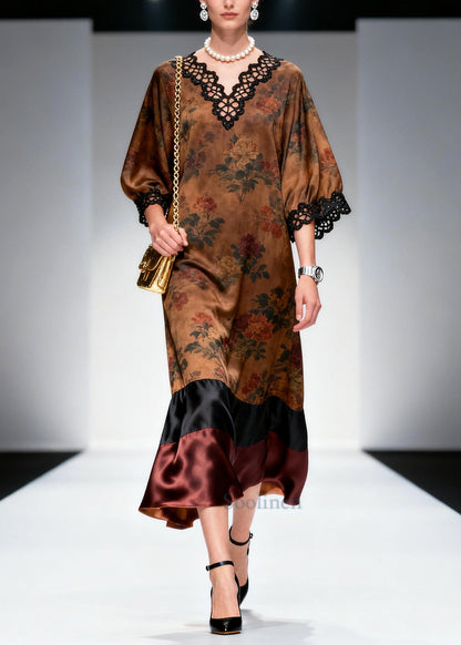 French Brown V Neck Patchwork Print Silk Robe Dresses Summer