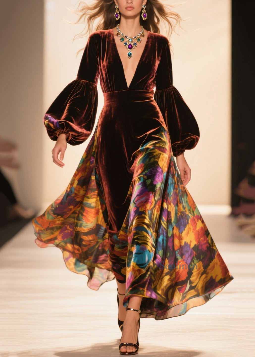 Vestido tipo bata de terciopelo con estampado de cuello en V y mangas farol en marrón francés