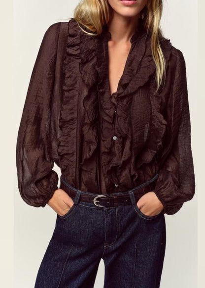 French Brown V Neck Ruffled Chiffon Shirts Long Sleeve