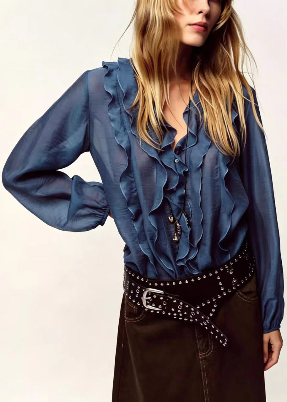 French Brown V Neck Ruffled Chiffon Shirts Long Sleeve