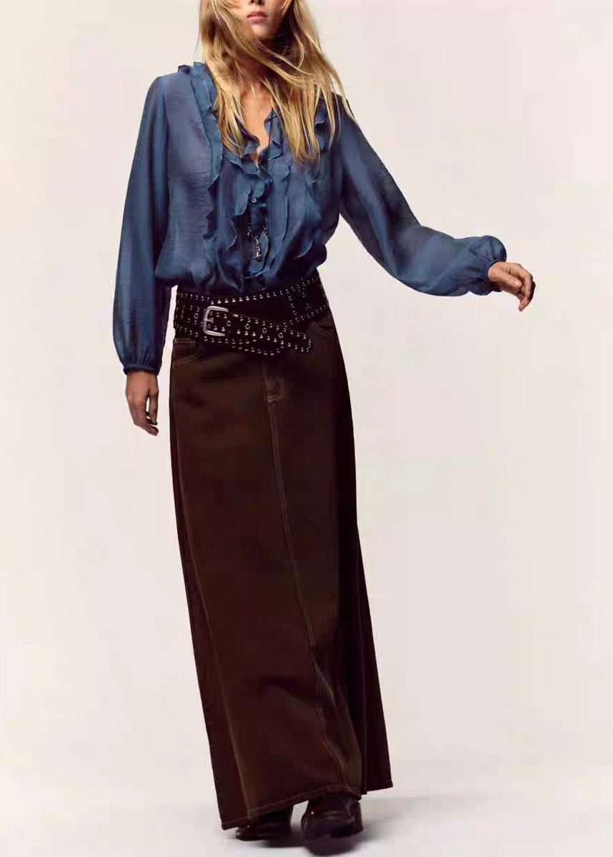 French Brown V Neck Ruffled Chiffon Shirts Long Sleeve