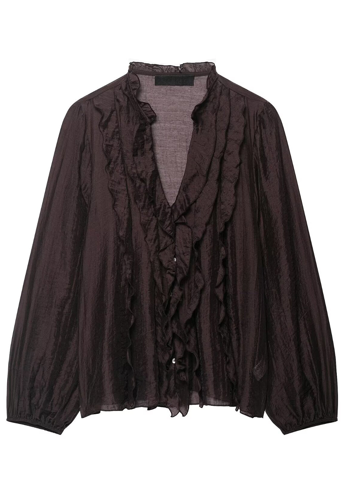 French Brown V Neck Ruffled Chiffon Shirts Long Sleeve
