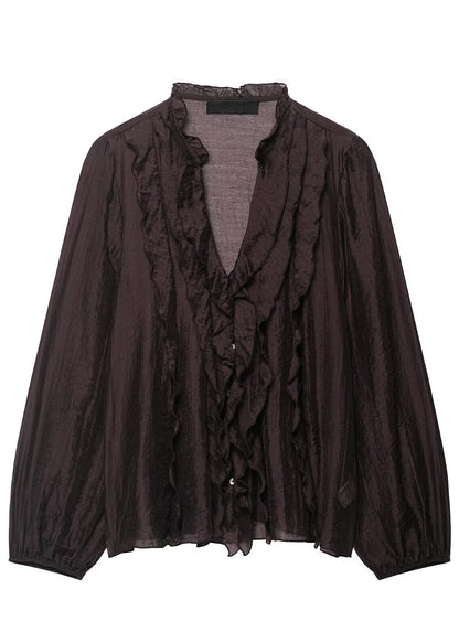 French Brown V Neck Ruffled Chiffon Shirts Long Sleeve