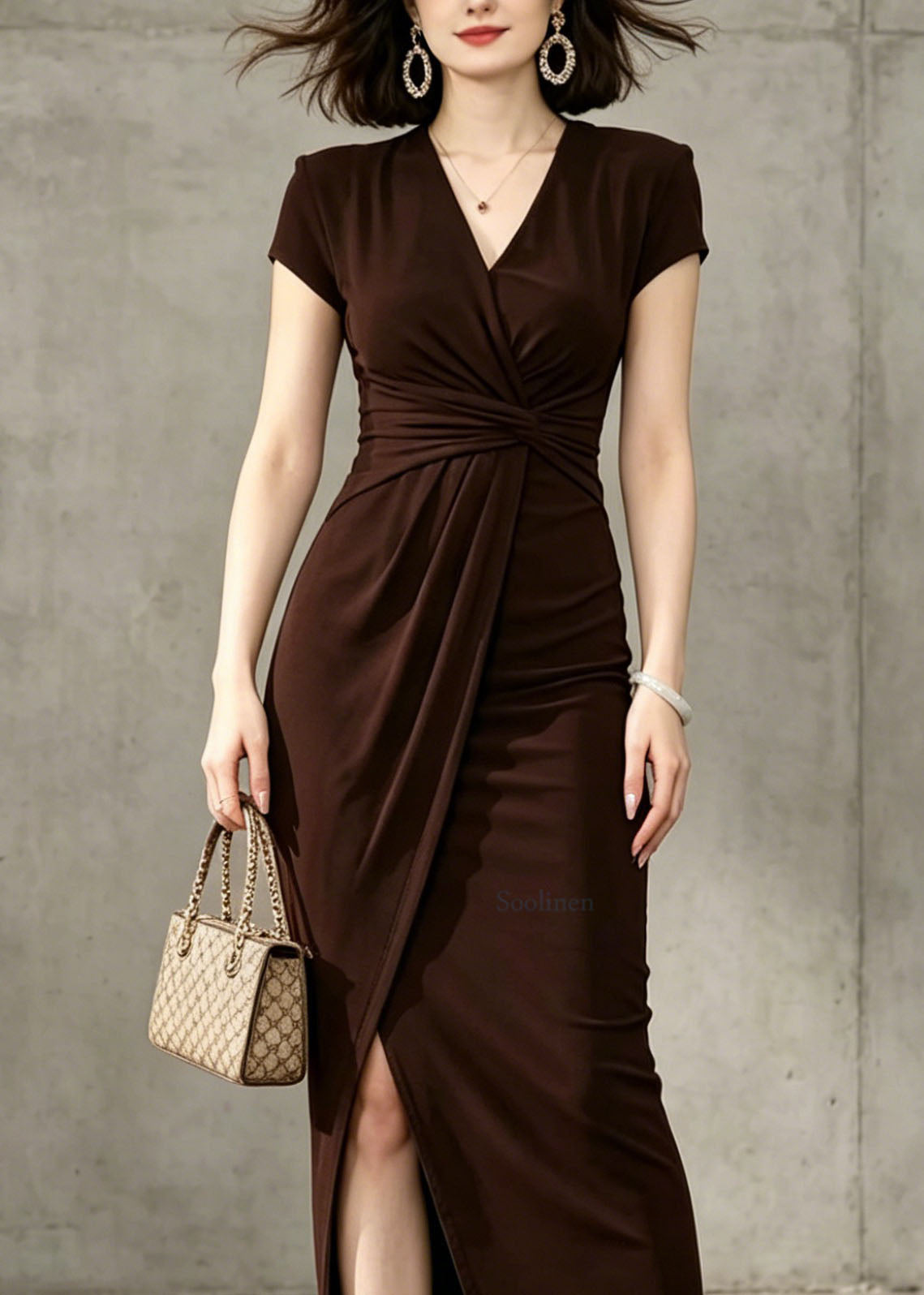 French Brown V Neck Wrinkled Side Open Cotton Long Dress Summer